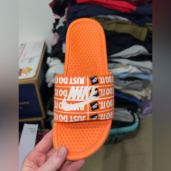 Nike Black and Green Slides with Orange Just Do It Slides - Picture 9 of 12